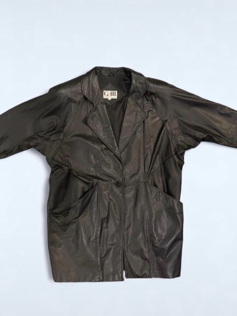 Vintage G-III Black 100% Leather Mob Wife Maximalist Oversized Trench Coat SZ L